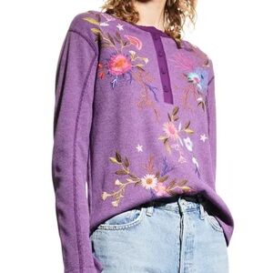 Johnny Was Ulla Floral-Embroidered Henley Thermal Tee